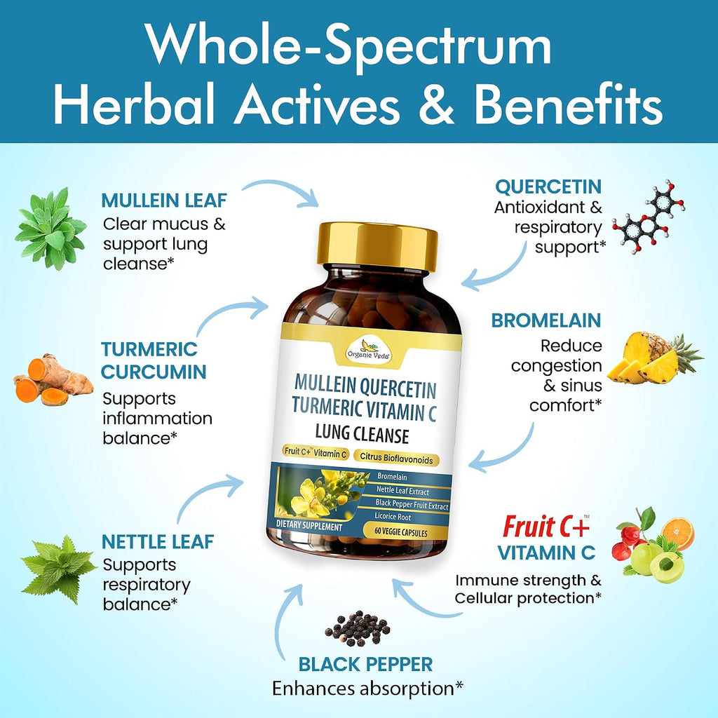 Organic Veda Mullein Quercetin Turmeric – 13 en 1 Suplemento Pulmonar (60 Cápsulas)