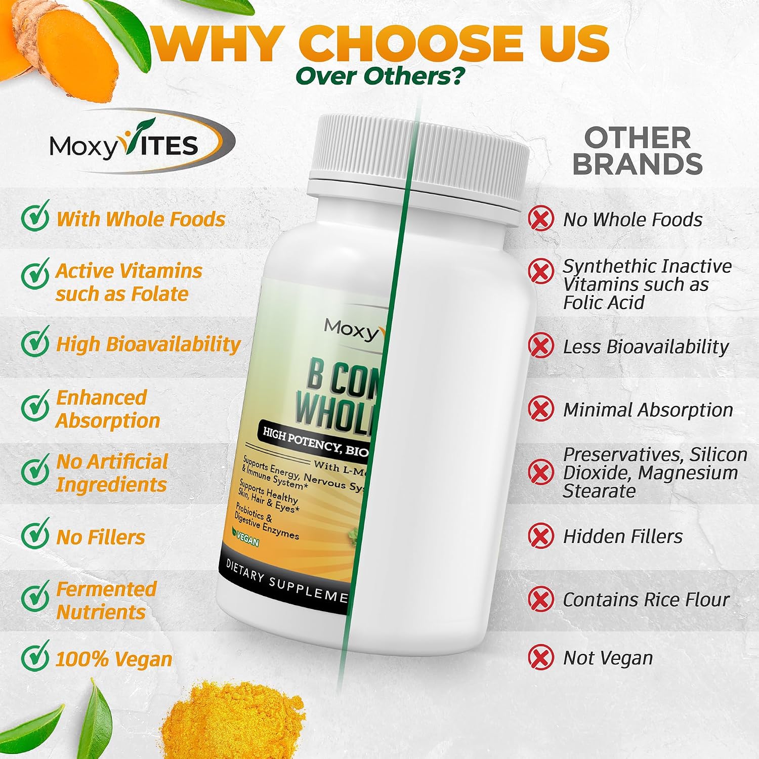 MoxyVites Complejo de Vitaminas B - Suplemento Alimenticio con B12 Metilcobalamina, B1, B2, B3, B5, B6, B7, B9 - Apoyo para Estrés, Energía y Sistema Inmunitario, Vegano, 120 Cápsulas