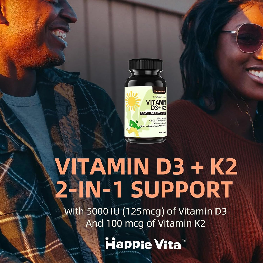 HappieVita Vitamina D3 K2, 5000 UI (125 mcg) + Vitamina K2 100 mcg, 2 en 1, 60 Cápsulas Blandas