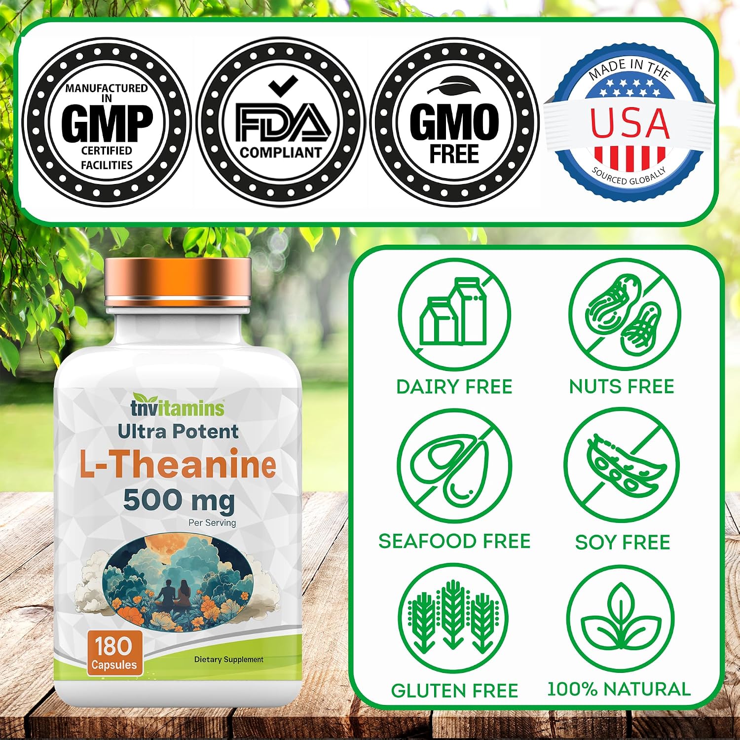 tnvitamins L-Theanine 500 mg, 180 cápsulas