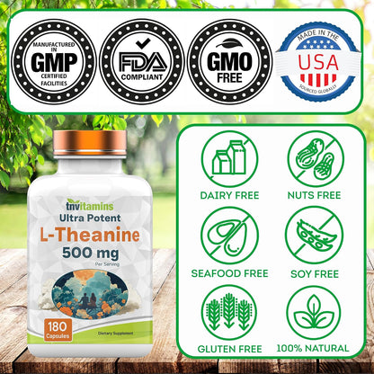 tnvitamins L-Theanine 500 mg, 180 cápsulas – Ingredientes puros: El producto es no transgénico y está libre de – Image 5