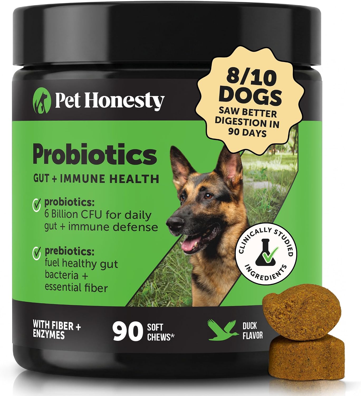 Probióticos para Perros con Prebióticos y Enzimas Digestivas - 6 Mil Millones de UFC - Sabor Pato - 90 Comprimidos Masticables - Pet Honesty