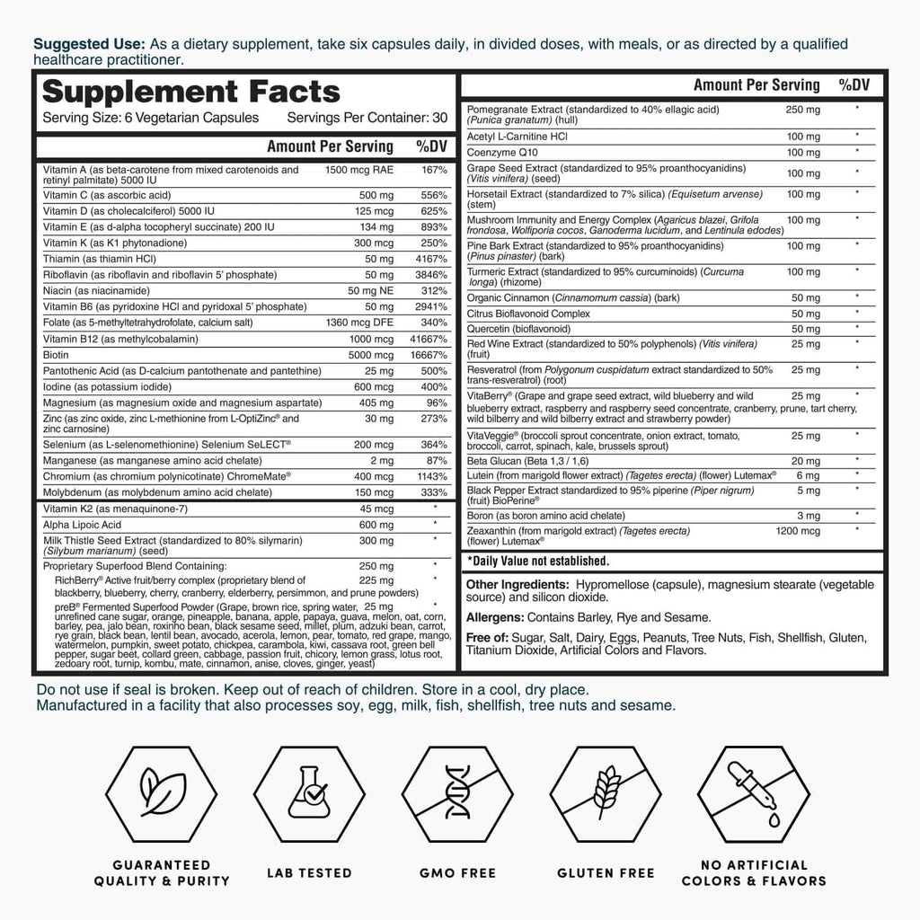 Nature's Lab Multivitamínico Avanzado Six Daily - Más de 90 Nutrientes, Minerales, Antioxidantes, Hierbas y Alimentos Integrales - 180 Cápsulas (30 Días)