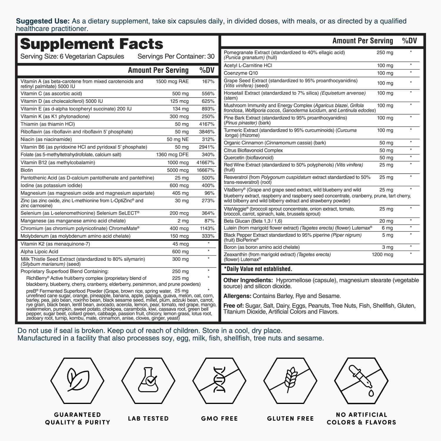 Nature's Lab Multivitamínico Avanzado Six Daily - Más de 90 Nutrientes, Minerales, Antioxidantes, Hierbas y Alimentos Integrales - 180 Cápsulas (30 Días)