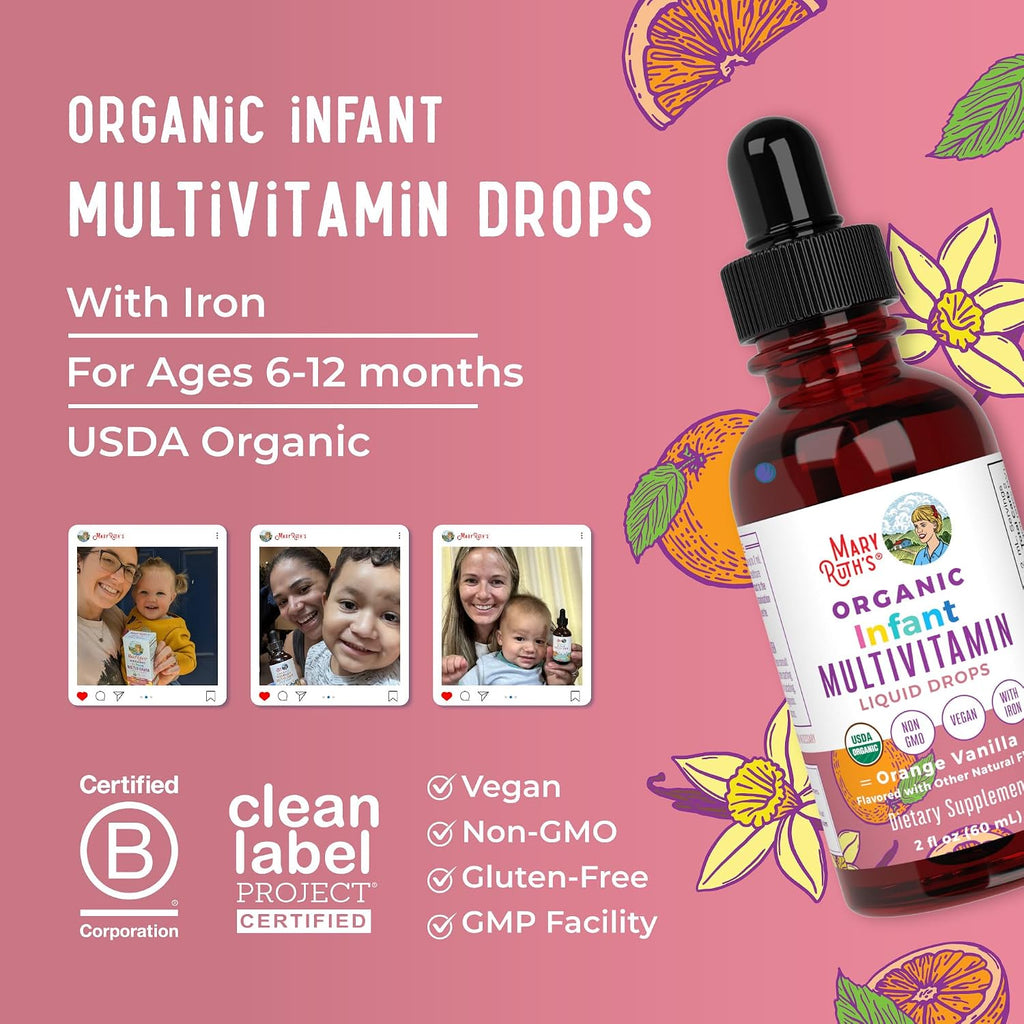 MaryRuth's Organics Multivitamínico con Hierro para Bebés | USDA Orgánico | Gotas Líquidas para Bebés de 6 a 12 Meses | Apoyo Inmunitario y Bienestar General | Vegano | Sin Gluten | 60 ml