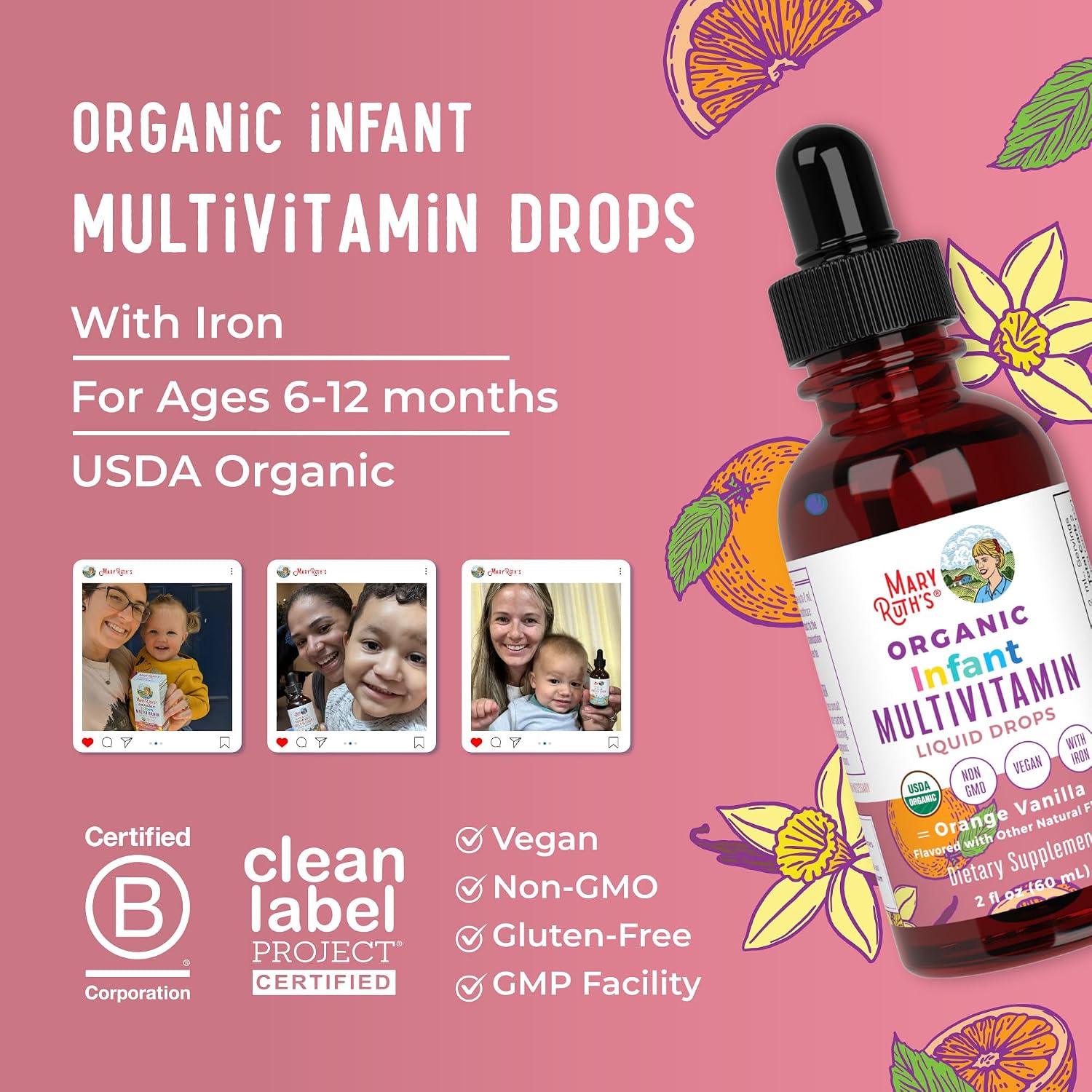 MaryRuth's Organics Multivitamínico con Hierro para Bebés | USDA Orgánico | Gotas Líquidas para Bebés de 6 a 12 Meses | Apoyo Inmunitario y Bienestar General | Vegano | Sin Gluten | 60 ml