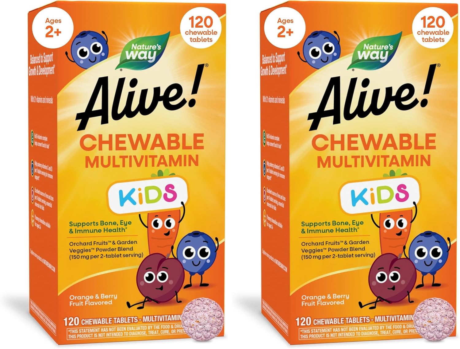 Nature's Way Alive! Multivitamínico masticable para niños con frutas y verduras, sabor cereza, 120 comprimidos