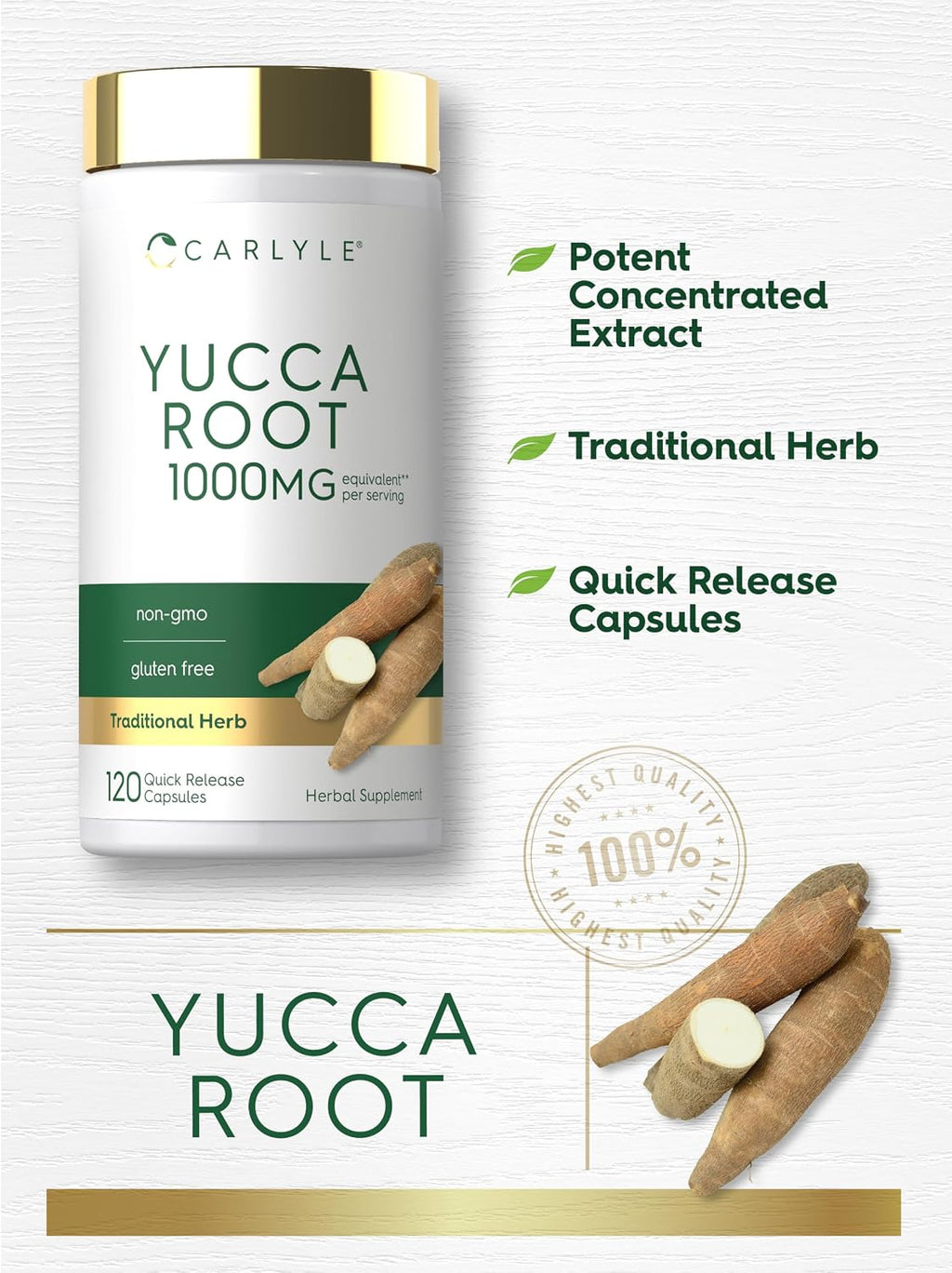 Carlyle Extracto de Raíz de Yuca | 120 Cápsulas | Suplemento Herbal | No GMO y Sin Gluten