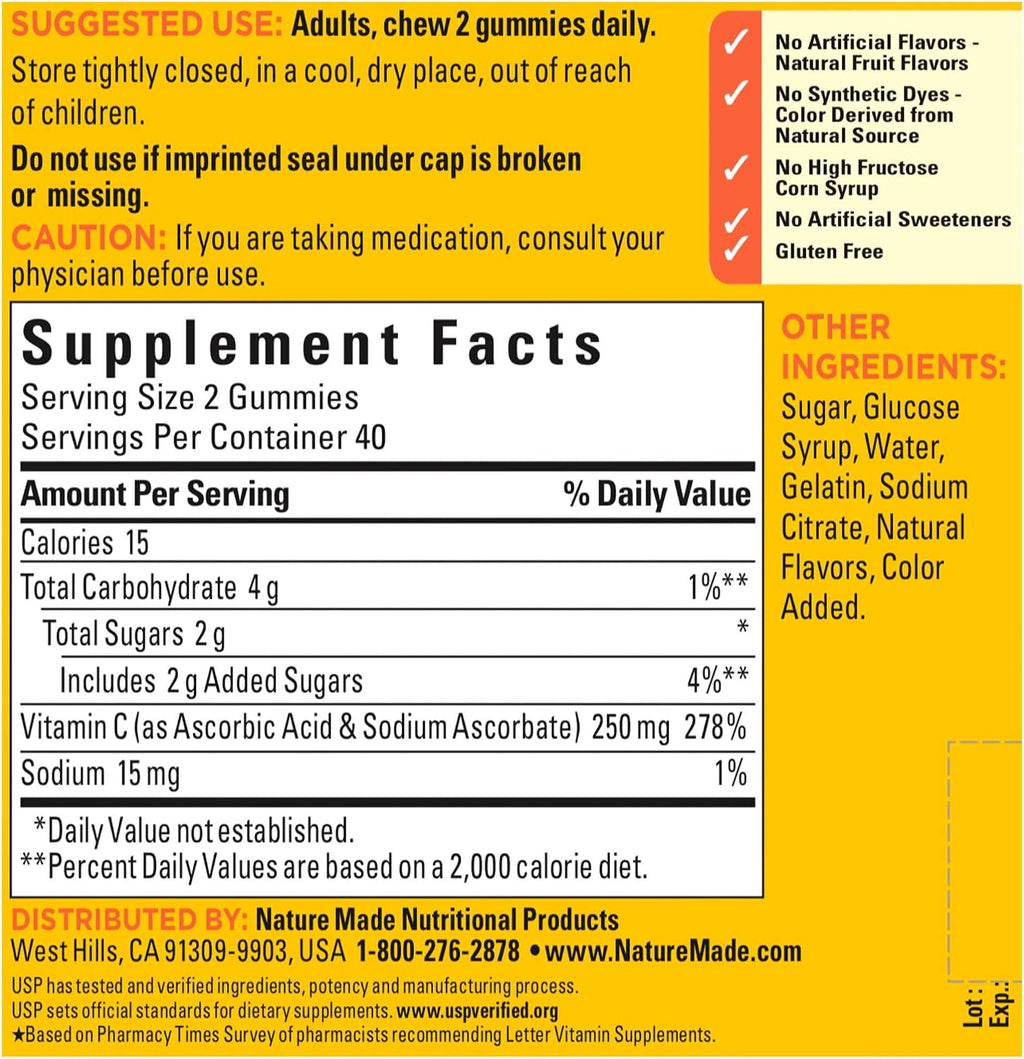 Nature Made Vitamin C 250 mg Gummies - 80 Tangerine Flavored Gummies