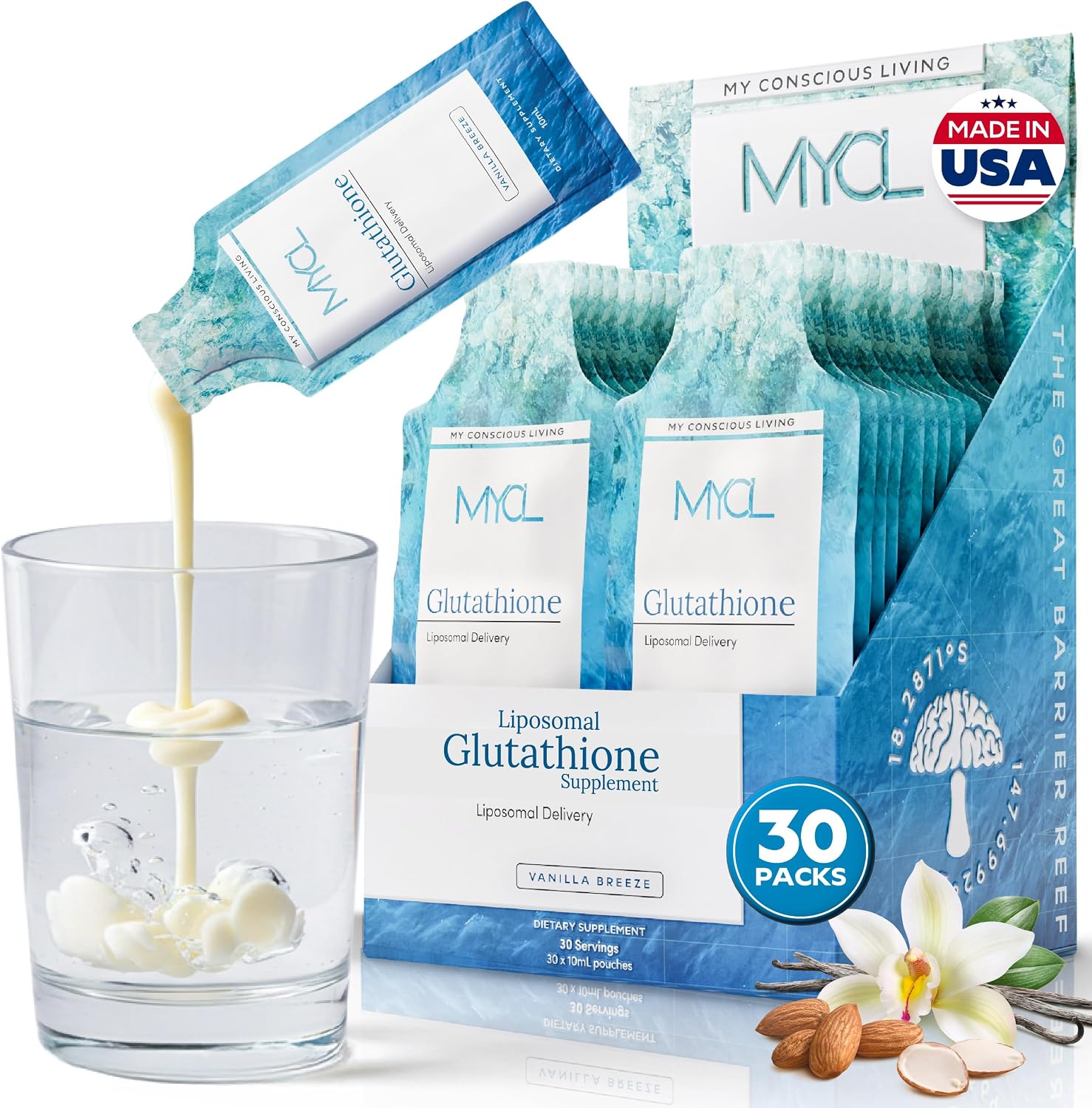 MYCL Glutatión Liposomal con Vitamina E y Aceite MCT - Salud de Piel, Cabello y Uñas - Alta Absorción - Sabor Vainilla Almendra - 30 Sobres Monodosis