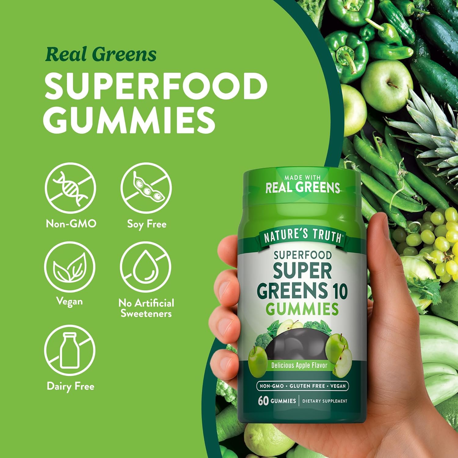 Nature's Truth Super Greens Gummies | 60 uds | Vegano y sin OMG | Con verduras reales | Sabor a manzana