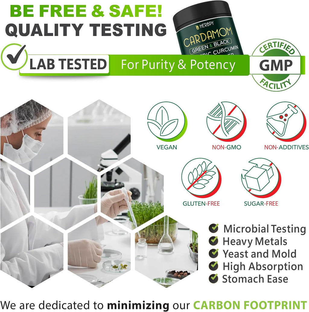 Herbpy Suplemento de Cardamomo 4en1 – Semillas de Cardamomo Verde y Negro con Cúrcuma y Pimienta Negra – Salud Digestiva – 100 Cápsulas Veganas