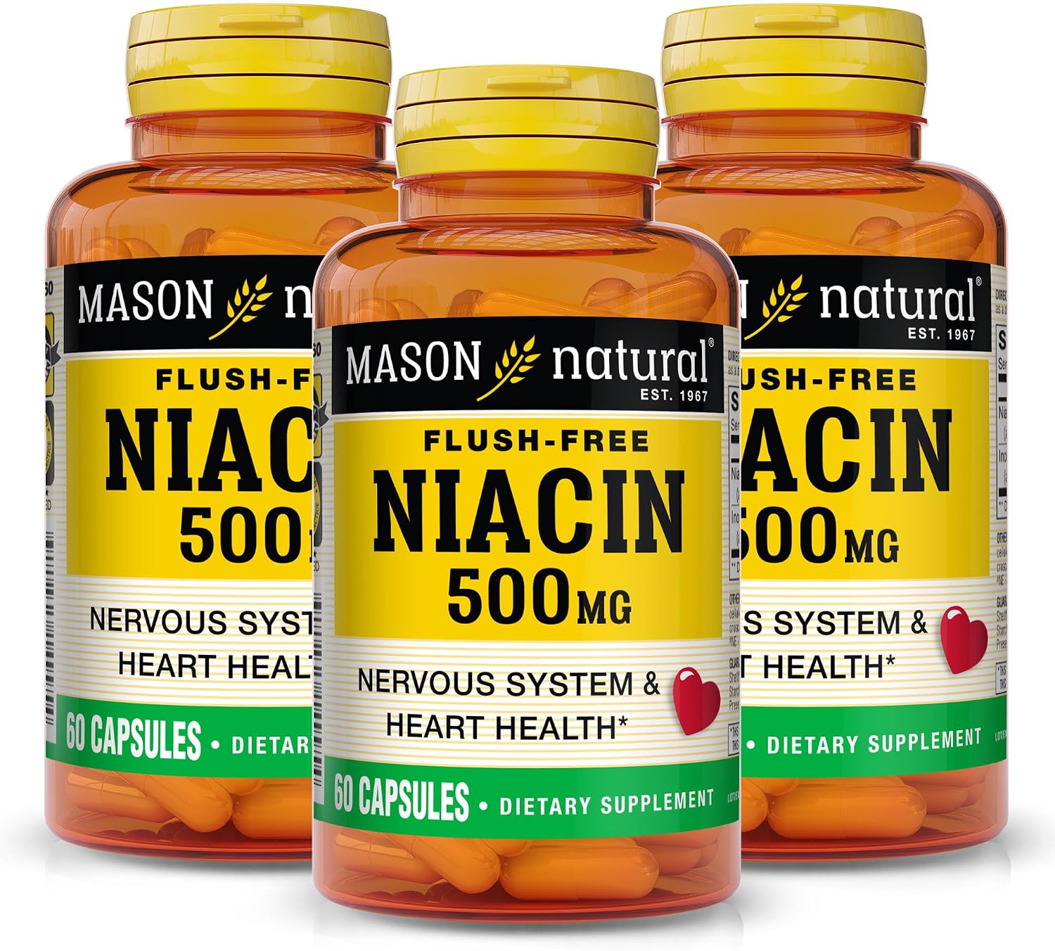 MASON NATURAL Niacina 500 mg Sin Enrojecimiento, 60 Cápsulas (Pack de 3)