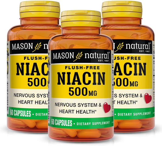 MASON NATURAL Niacina 500 mg Sin Enrojecimiento, 60 Cápsulas (Pack de 3)