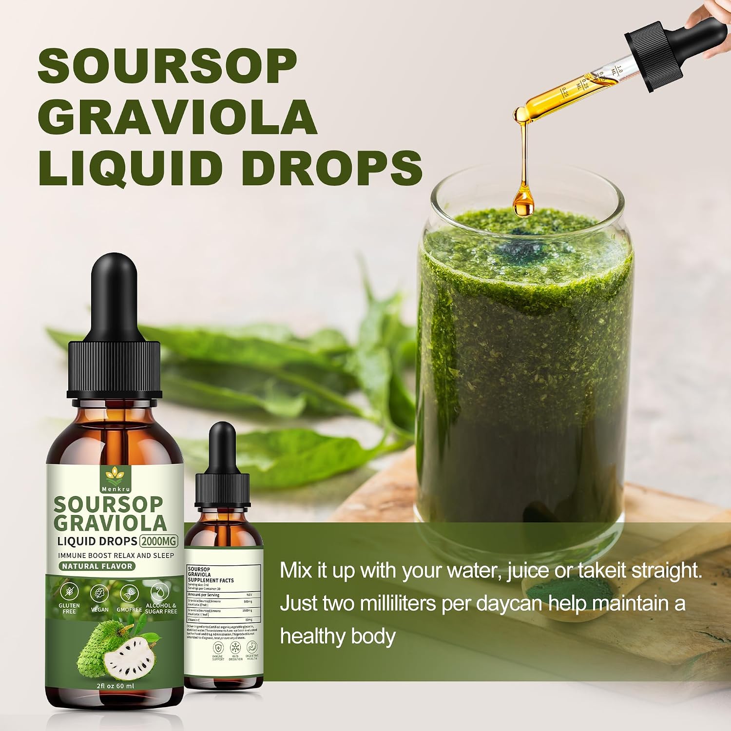 Menkru Soursop Bitters Gotas Líquidas Multivitamínicas - Extracto Orgánico de Hojas de Guanábana con Vitamina C, 60 ml (2 Fl Oz)