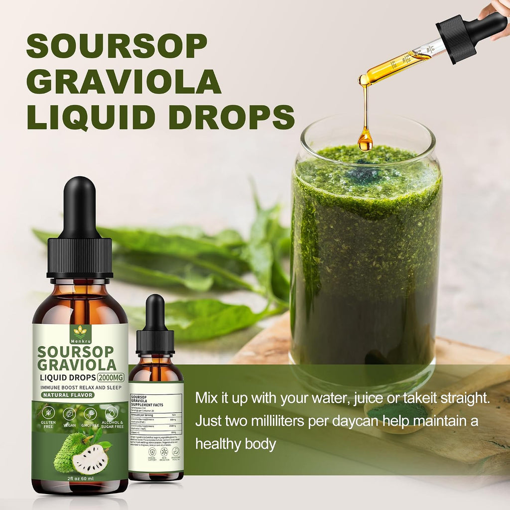 Menkru Soursop Graviola Gotas Líquidas 2000mg, Extracto Natural con Vitamina C, Sin Gluten, Vegano, 2 x 118 ml