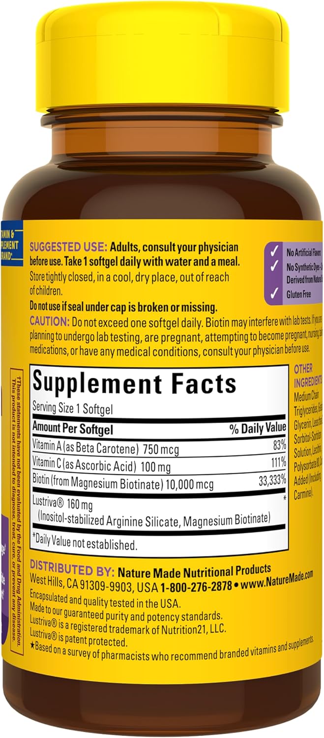 Nature Made Cápsulas Blandas para el Crecimiento del Cabello con Lustriva + Biotina, Vitamina C y A