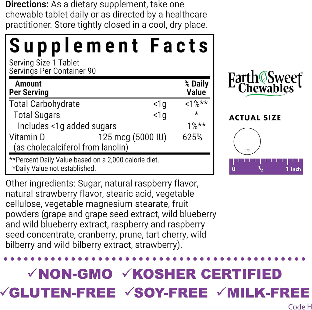 Bluebonnet Nutrition Earth Sweet Vitamin D3 5000 IU Chewable Raspberry Flavor Tablets, 90 Count