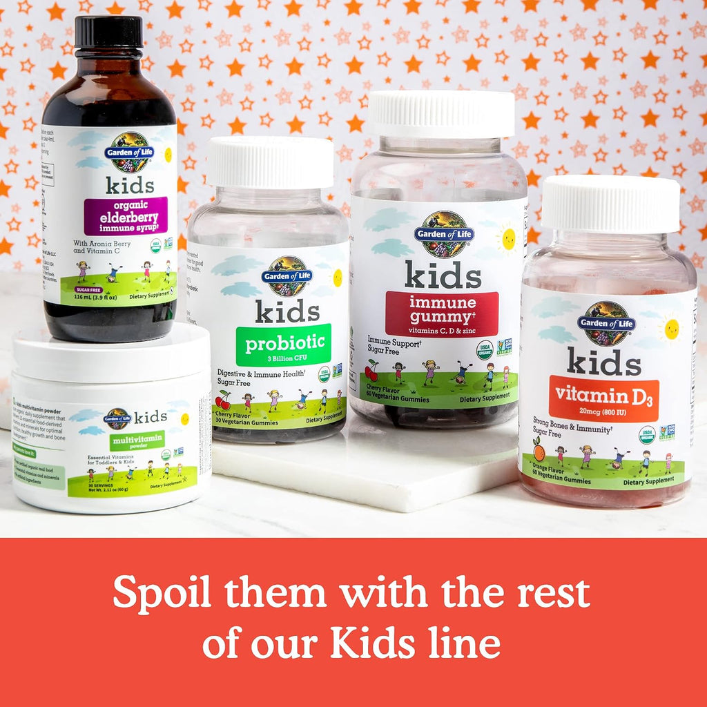 Garden of Life Kids Immune Support Gummies - Apoyo Inmunitario Infantil con Vitamina C, D3 y Zinc, Orgánico, Sin Gluten, Sin Azúcar, Sabor Cereza, 30 Días