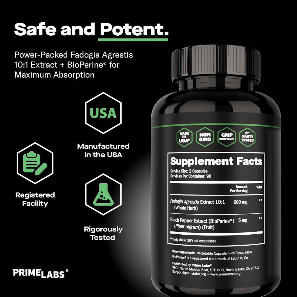 Prime Labs Fadogia Agrestis para Hombres - 600mg por Ración - 180 Cápsulas (90 Días)