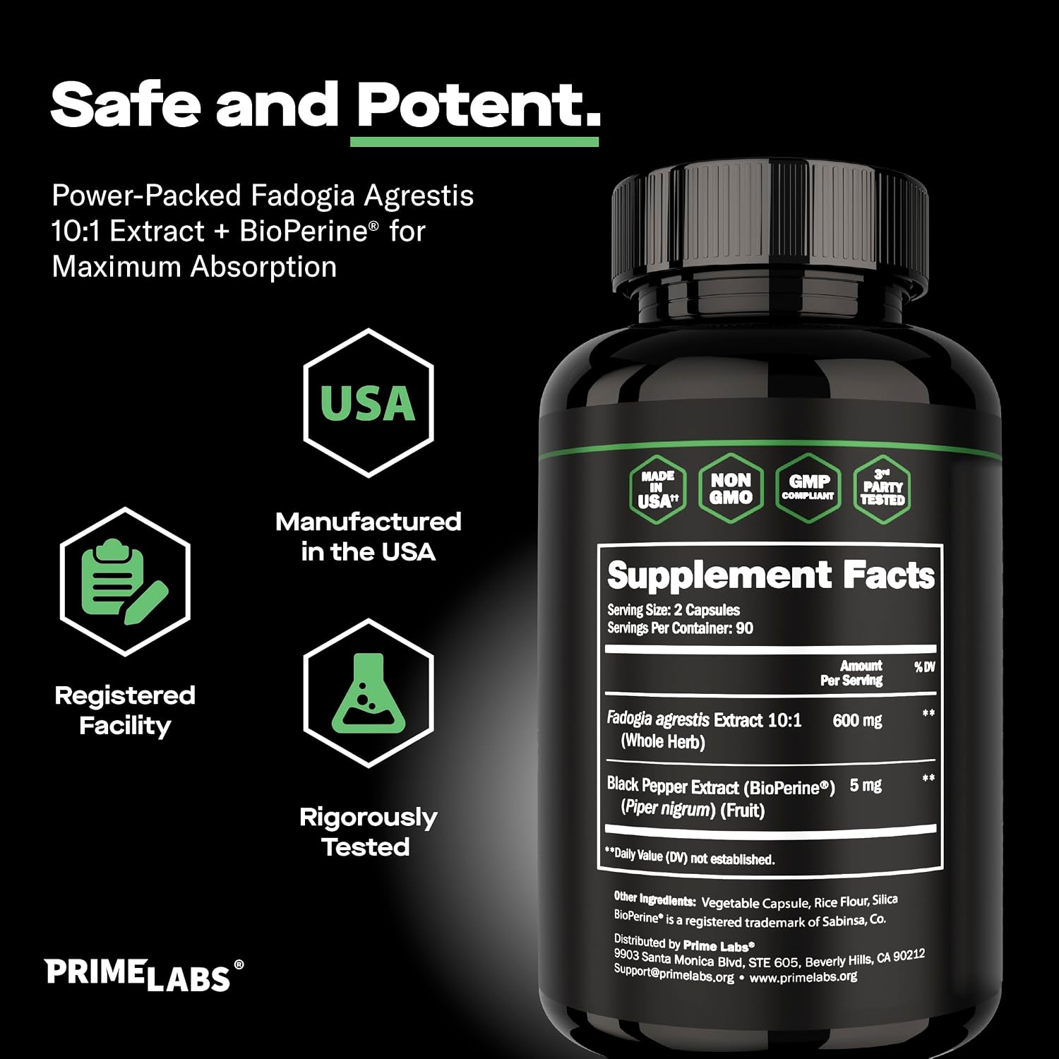 Prime Labs Fadogia Agrestis para Hombres - 600mg por Ración - 180 Cápsulas (90 Días)