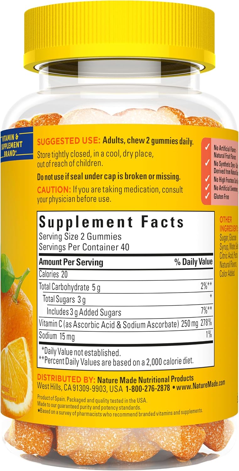 Nature Made Gomitas de vitamina C 250 mg por porción para el apoyo inmunológico diario, gomitas de vitamina C para el apoyo inmunológico de adultos, 80 unidades, suministro para 40 días
