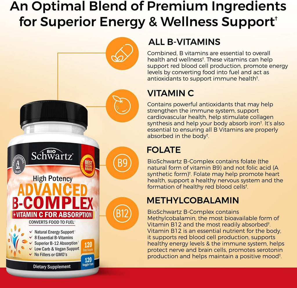 Complejo B con Vitamina C para Máxima Absorción – Metilcobalamina B12 y Folato – B1 B2 B3 B5 B6 B7 B9 – Apoyo Energético e Inmunológico – Sin OGM, 120 Cápsulas