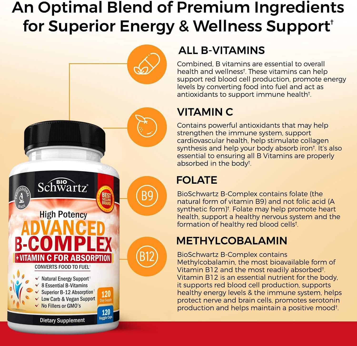Complejo B con Vitamina C para Máxima Absorción – Metilcobalamina B12 y Folato – B1 B2 B3 B5 B6 B7 B9 – Apoyo Energético e Inmunológico – Sin OGM, 120 Cápsulas