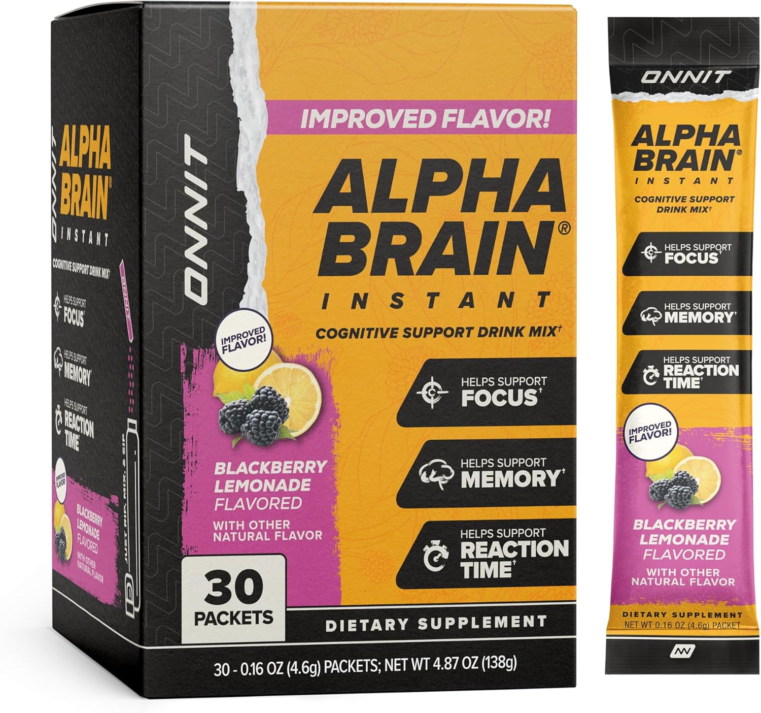 ONNIT Alpha BRAIN Instant Mezcla para Bebida de Apoyo Cognitivo, Sabor BlackBerry Lemonade, 30 Sobres de 3.7 g