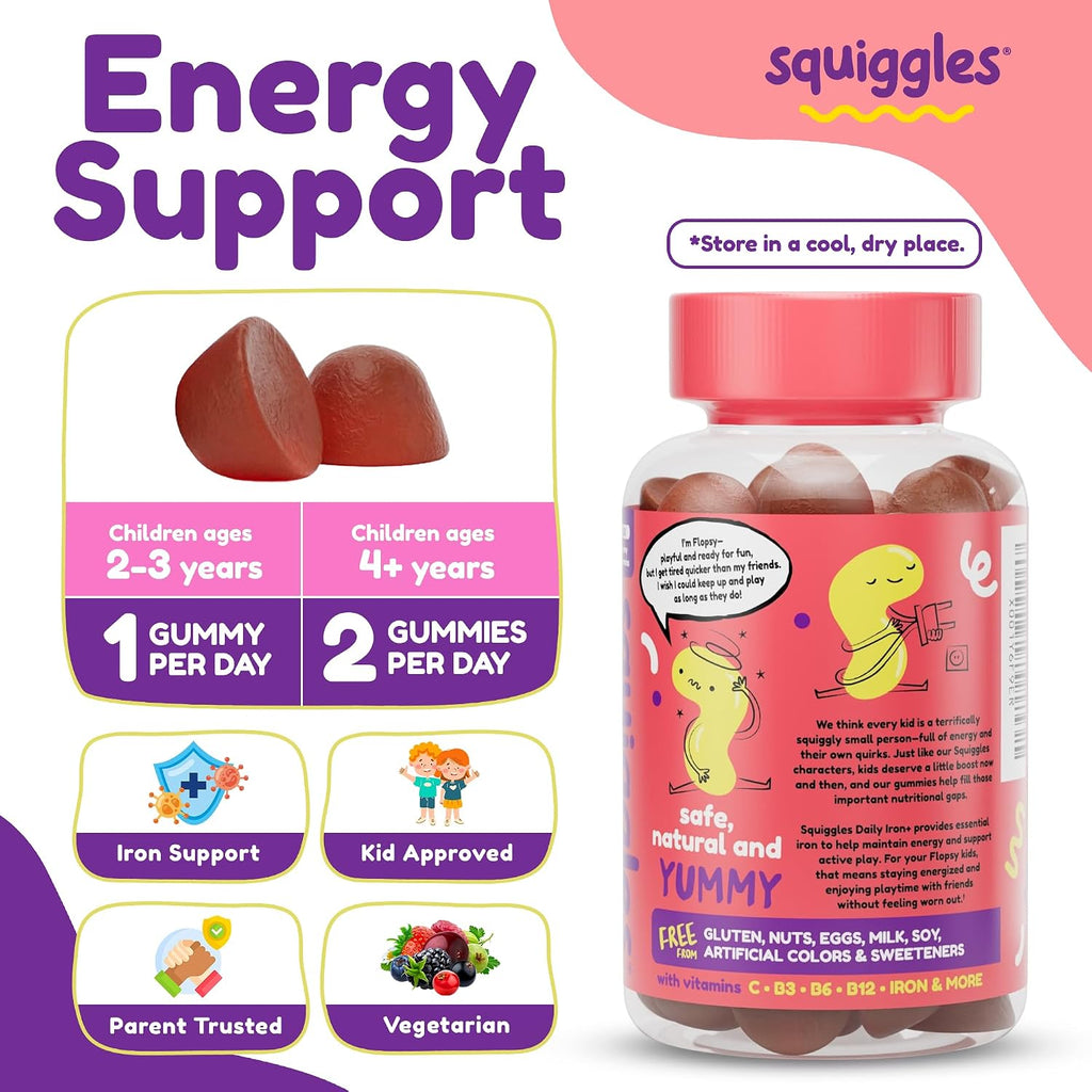 Squiggles Kids Daily Iron+ Gummies - Gomitas masticables con hierro y multivitaminas para niños, bajo en azúcar, veganas, sabor a uva (100 unidades)