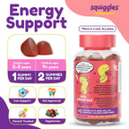 Squiggles Kids Daily Iron+ Gummies - Gomitas masticables con hierro y multivitaminas para niños, bajo en azúcar, veganas, sabor a uva (100 unidades)