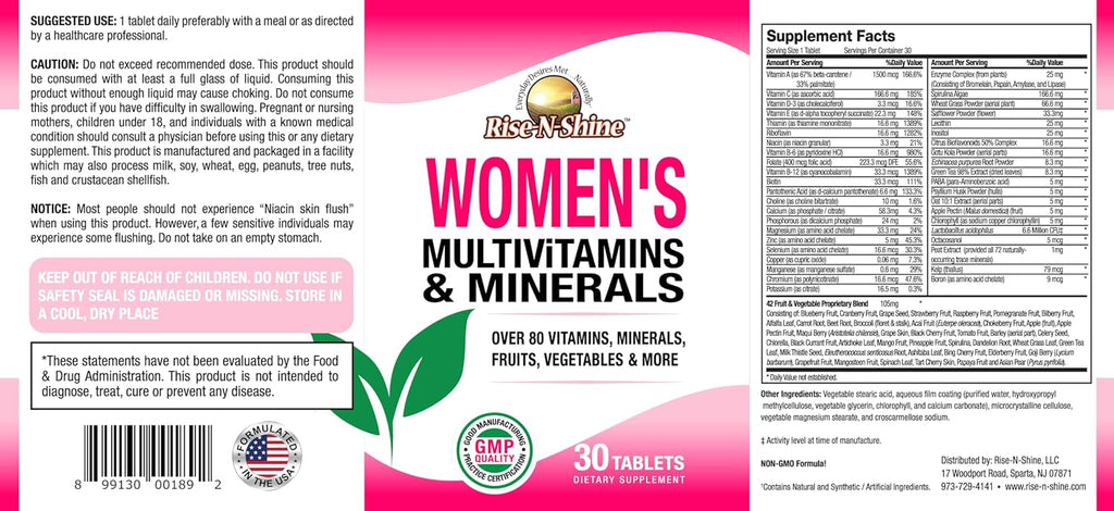 Rise-N-Shine Multivitamínico para Mujeres con Zinc, Selenio, Calcio y Magnesio - 30 Comprimidos