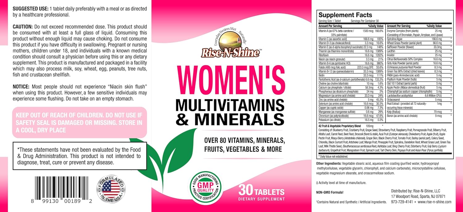 Rise-N-Shine Multivitamínico para Mujeres con Zinc, Selenio, Calcio y Magnesio - 30 Comprimidos