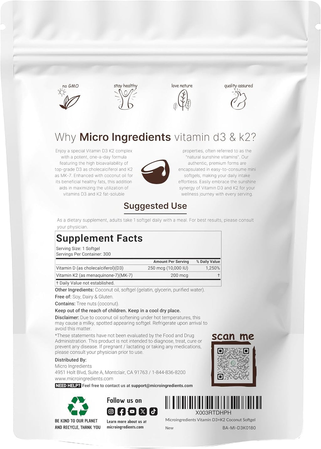 Micro Ingredients Vitamina D3 10.000 UI + K2 MK-7 200 mcg, 600 Softgels con Aceite de Coco Virgen (Pack de 2) | Complejo 2-en-1 Vitaminas D y K | Alta Potencia, Fáciles de Tragar, No-GMO, Sin Gluten