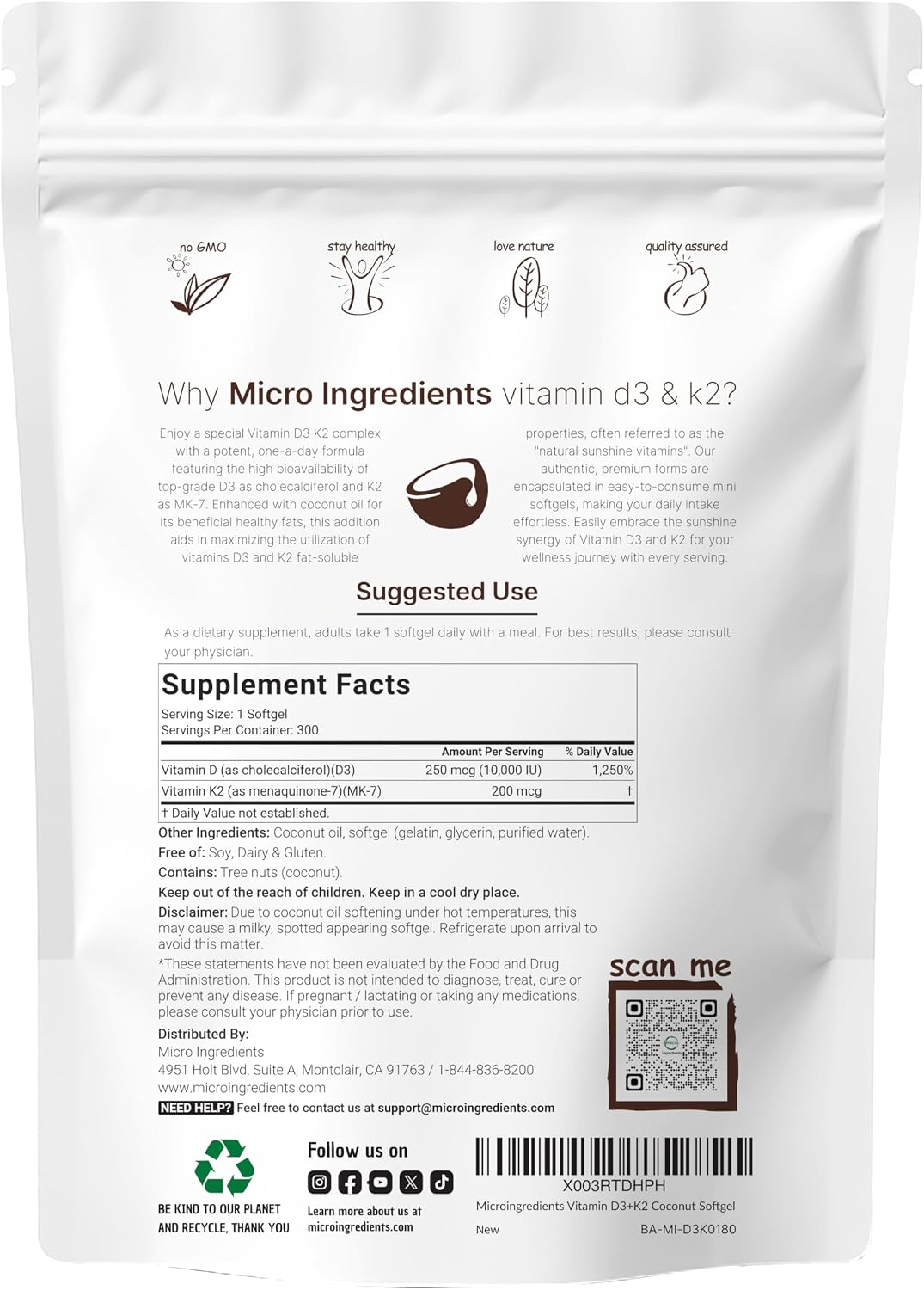 Micro Ingredients Vitamina D3 10.000 UI + K2 MK-7 200 mcg, 600 Softgels con Aceite de Coco Virgen (Pack de 2) | Complejo 2-en-1 Vitaminas D y K | Alta Potencia, Fáciles de Tragar, No-GMO, Sin Gluten