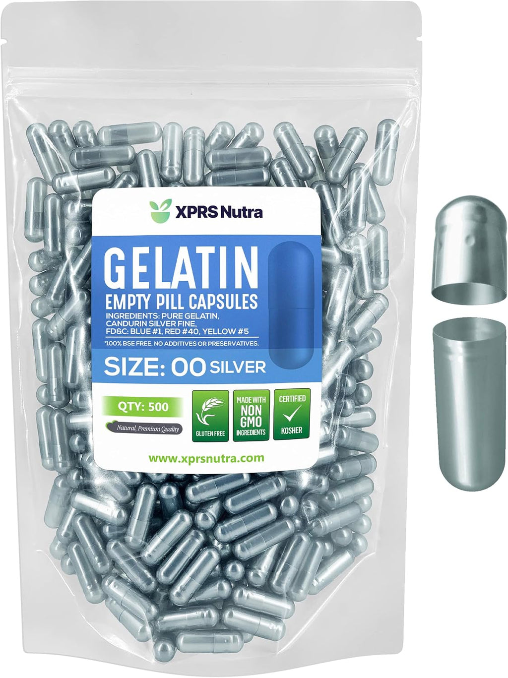 XPRS Nutra Cápsulas Vacías Tamaño 00 - 500 Unidades de Gelatina - Cápsulas para Rellenar - Cápsulas de Gelatina Vacías para Suplementos Caseros (Plateado)