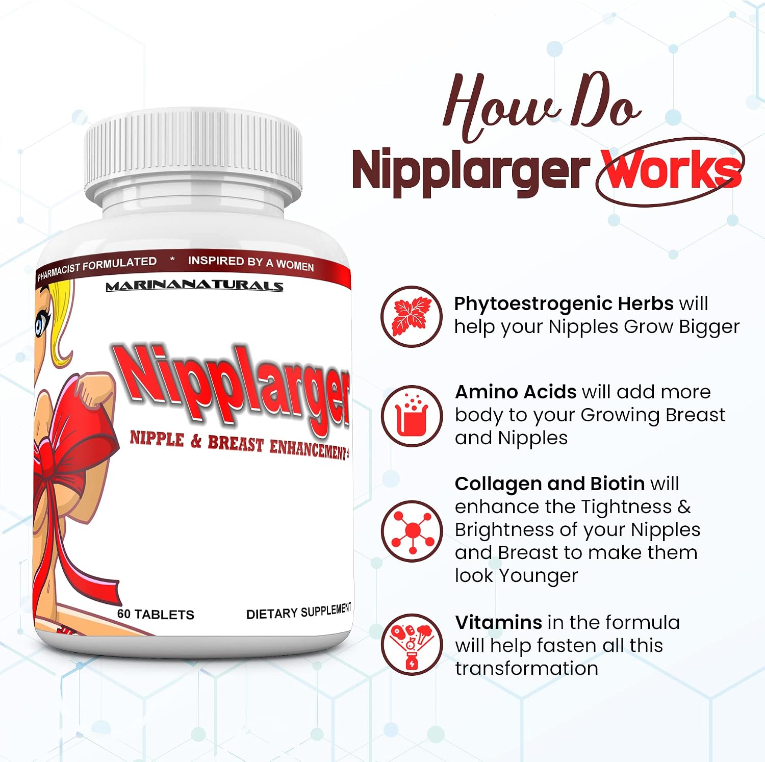 NIPPLARGER – Agrandamiento de pezones, senos y reafirmante de la piel, 60 comprimidos