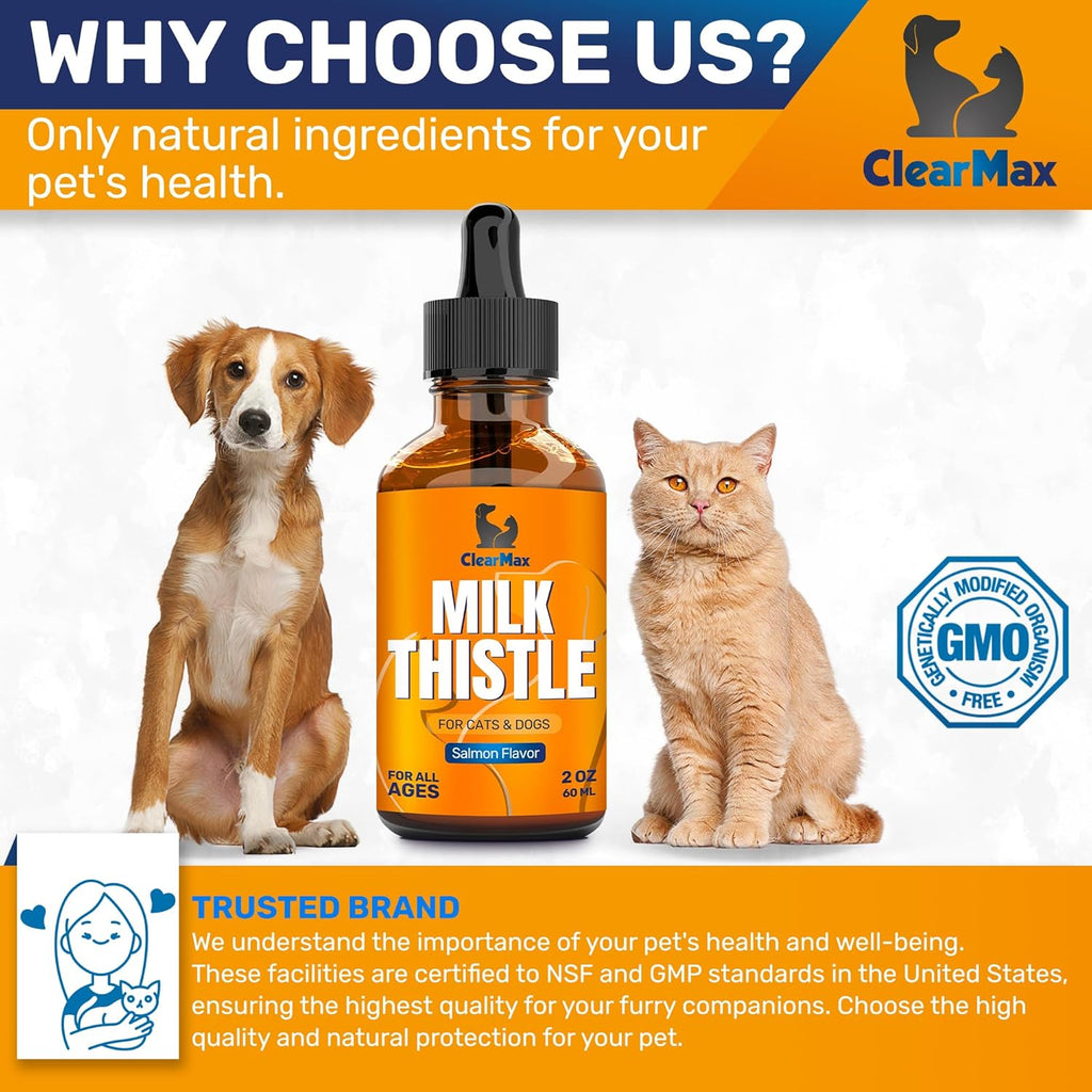 Milk Thistle for Dogs – Liver & Kidney Support for Large & Small Pets – Milk Thistle for Cats to Care for Digestion – Specialist-Approved Liquid Formula with Salmon Flavor – GMO Free – 2 Oz Bottle