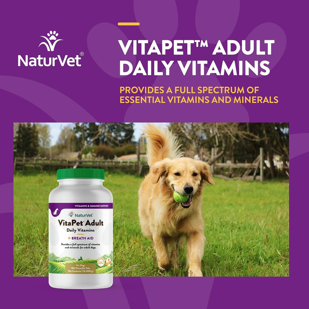 NaturVet VitaPet Vitaminas Diarias para Perros Adultos con Aliento Fresco - 180 Comprimidos
