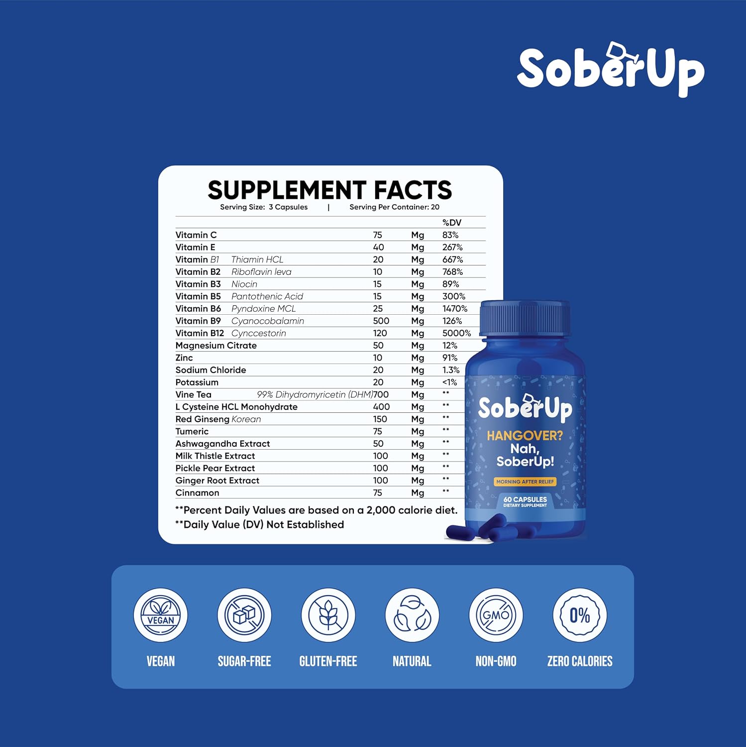 SoberUp Recovery Boost – Hidratación, Electrolitos, Antioxidantes, Mezcla Herbolaria – DHM, Cardo Mariano, Complejo B – Vegano – 60 Cápsulas