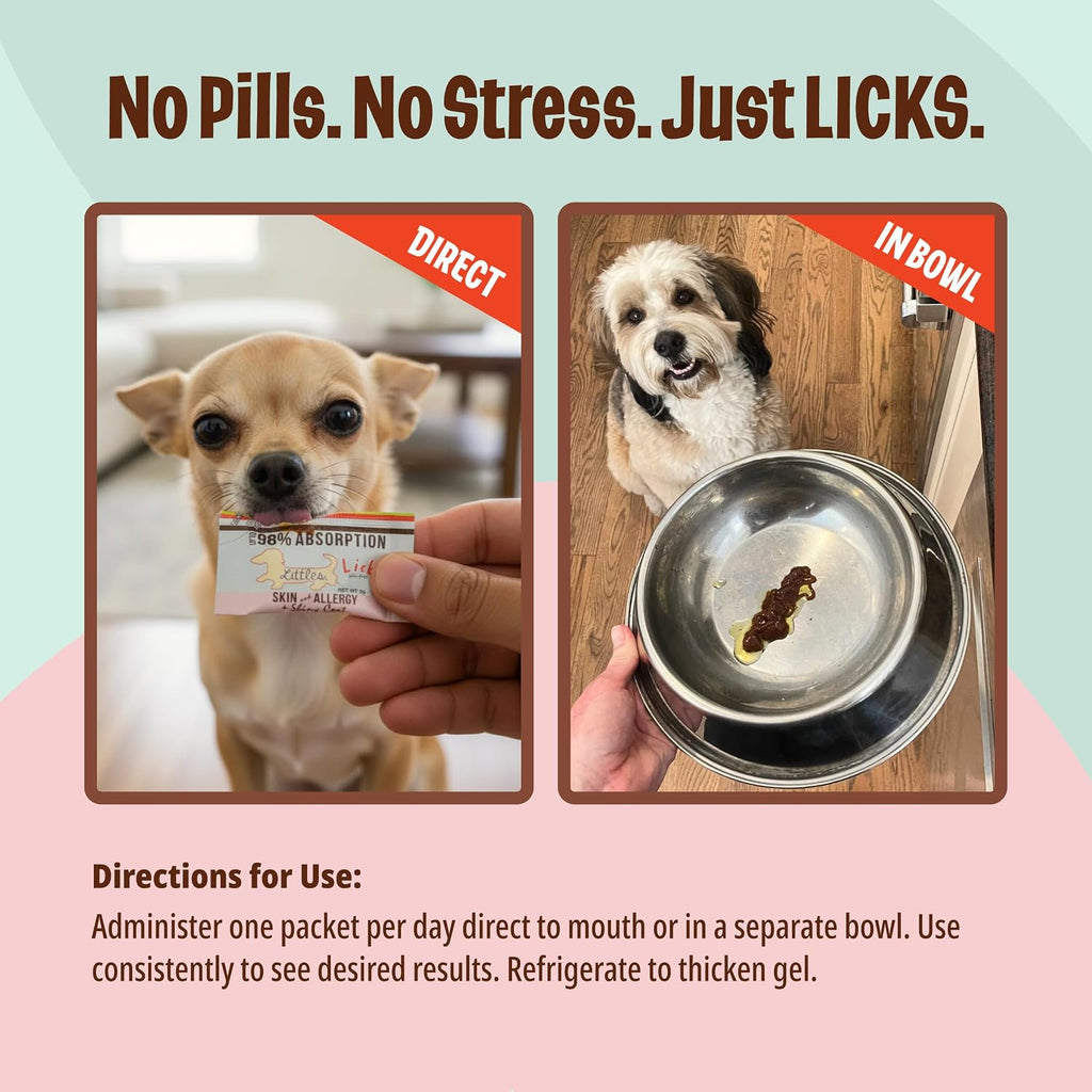 Licks Littles Skin & Allergy - Apoyo para la piel, el pelaje y las alergias estacionales en perros pequeños - Omega 3, Cúrcuma, Inositol y Vitamina C - Sobres de gel sin pastillas - Sabor a pescado - 30 sobres