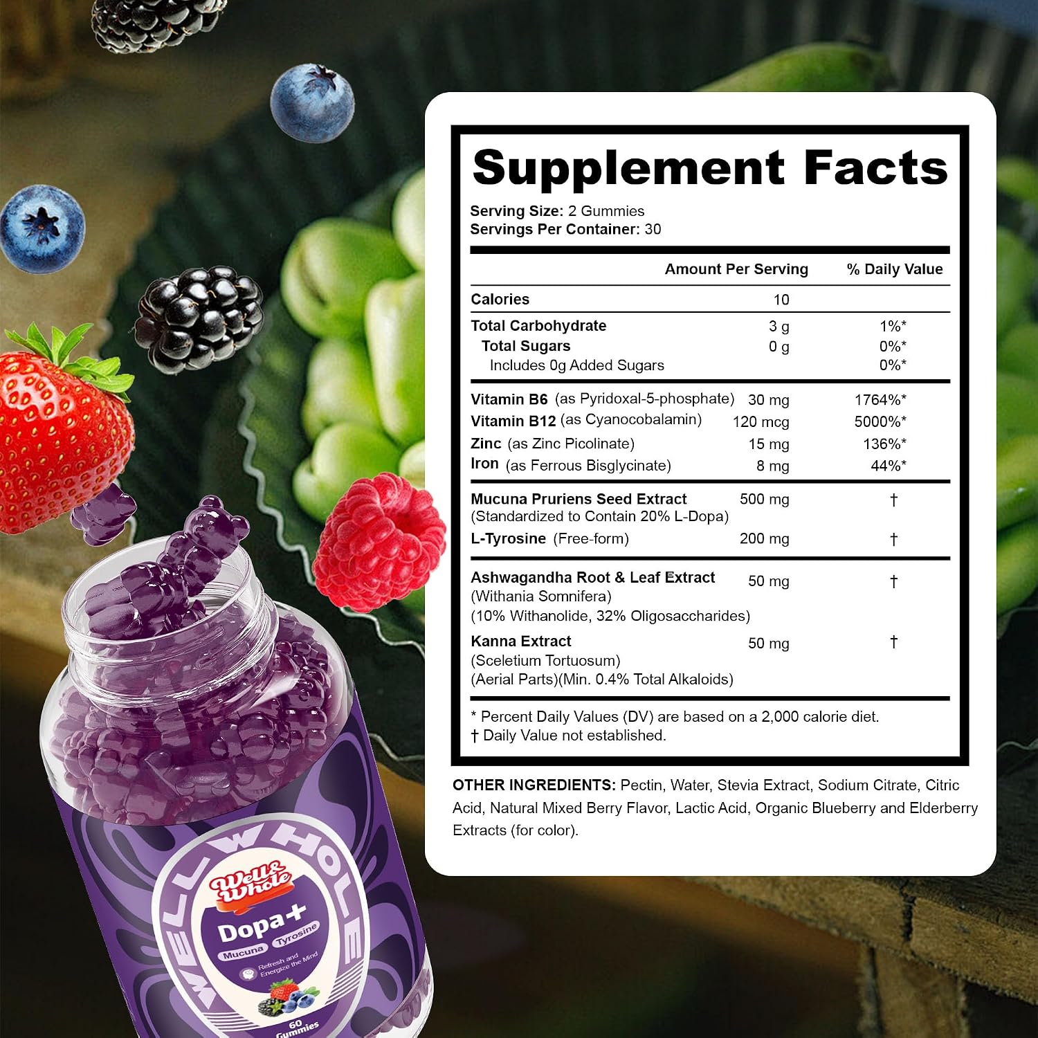 Well&Whole Gominolas Dopamine - Mucuna Pruriens 500mg, L-Tirosina 200mg y Ashwagandha, Apoyo al Estado de Ánimo y Concentración, Sabor a Bayas, Sin Gluten, 60 Gominolas