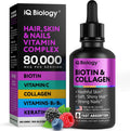 IQ BIOLOGY Biotina Líquida 5000mcg con Colágeno, Queratina y Ácido Hialurónico - Gotas Multivitamínicas para Cabello, Piel y Uñas - 60 ml