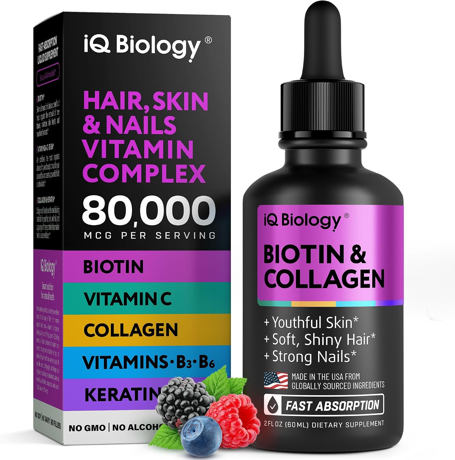 IQ BIOLOGY Biotina Líquida 5000mcg con Colágeno, Queratina y Ácido Hialurónico - Gotas Multivitamínicas para Cabello, Piel y Uñas - 60 ml
