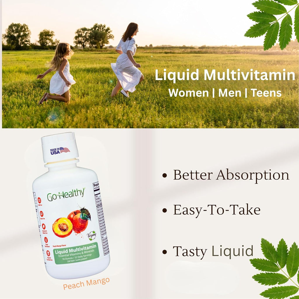 Go Healthy Complete Liquid Multivitamin | Vegan | 32 Doses | Mango and Peach Flavor