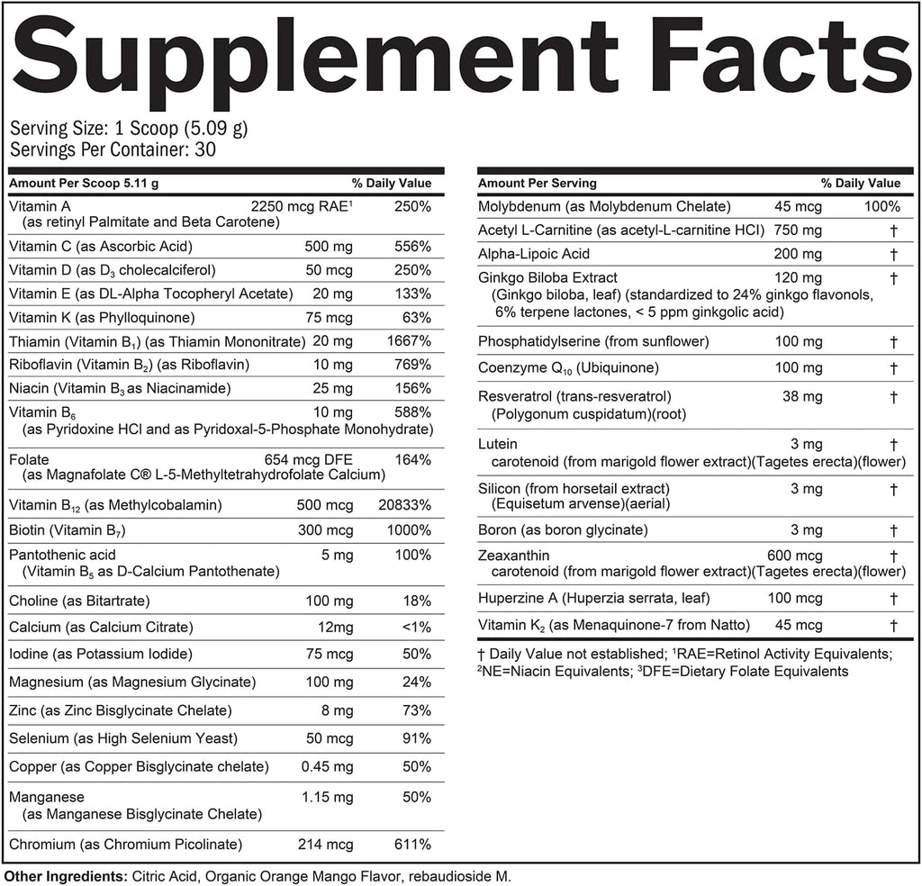 BRAINMD BRIGHT MINDS Memory Multi - Multivitamínico en polvo sabor Naranja Mango - 153 g (30 raciones)
