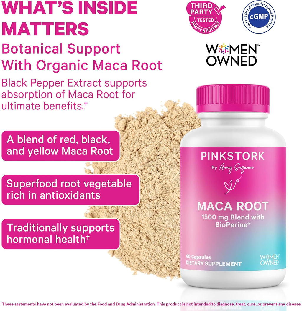Pink Stork Maca Orgánica en Cápsulas – Maca Peruana con BioPerine para el Bienestar Femenino