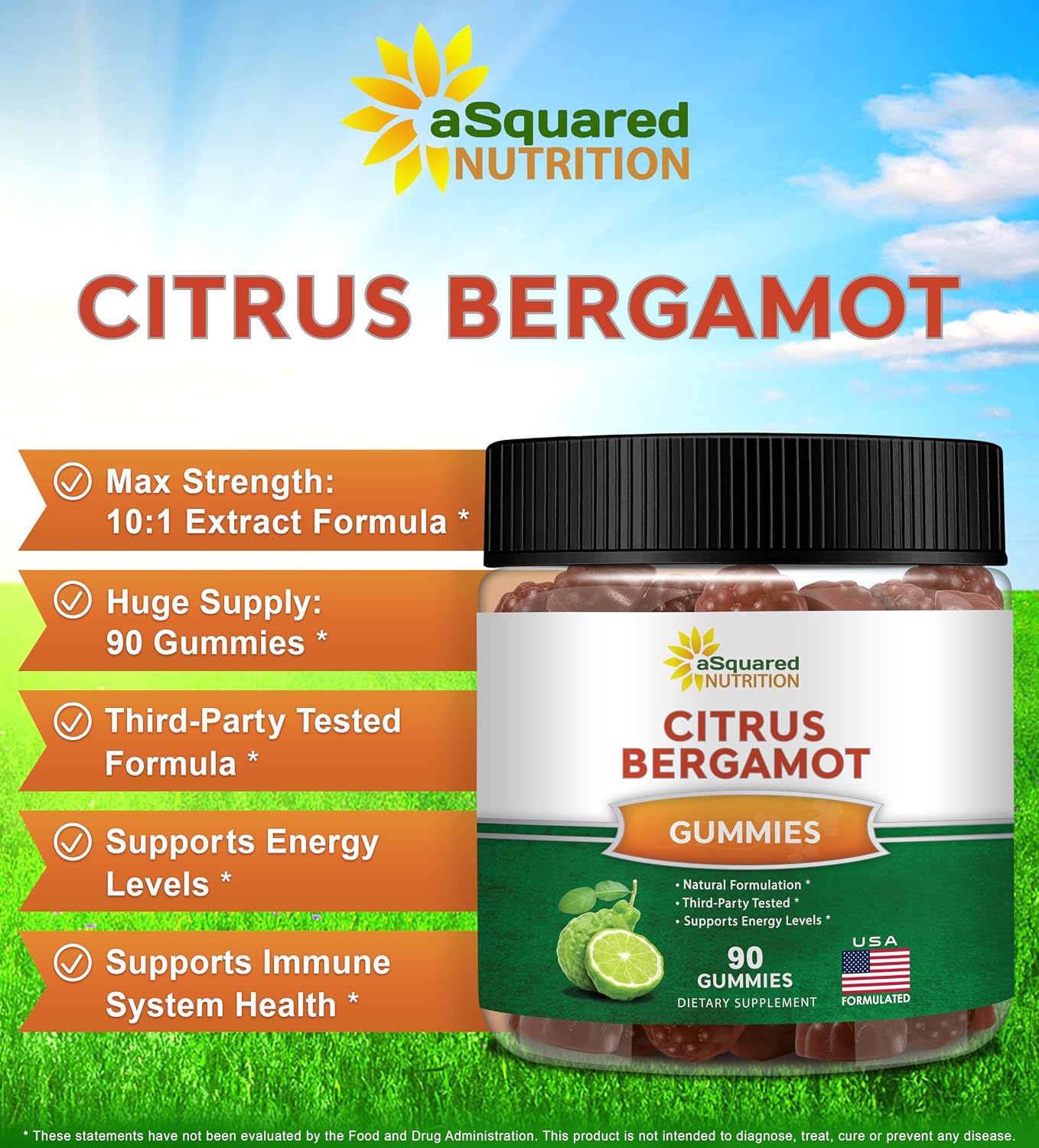 Gominolas de Bergamota Cítrica aSquared Nutrition - 500mg de Extracto por Ración - Alternativa Pura en Gominola a Cápsulas y Pastillas