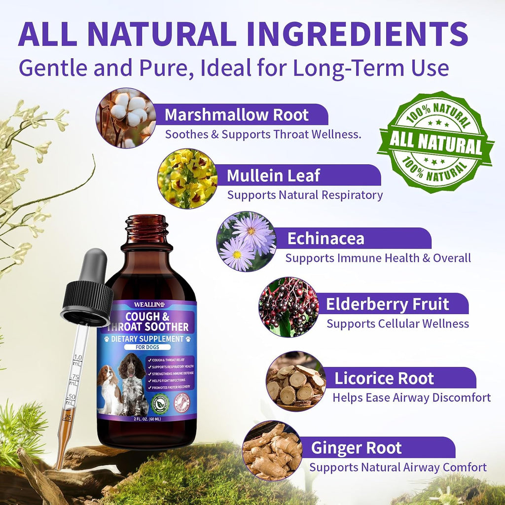 WEALLIN Dog Cough Treatment Support for Dogs - Gotas Herbales para la Tos en Perros, 60 ml