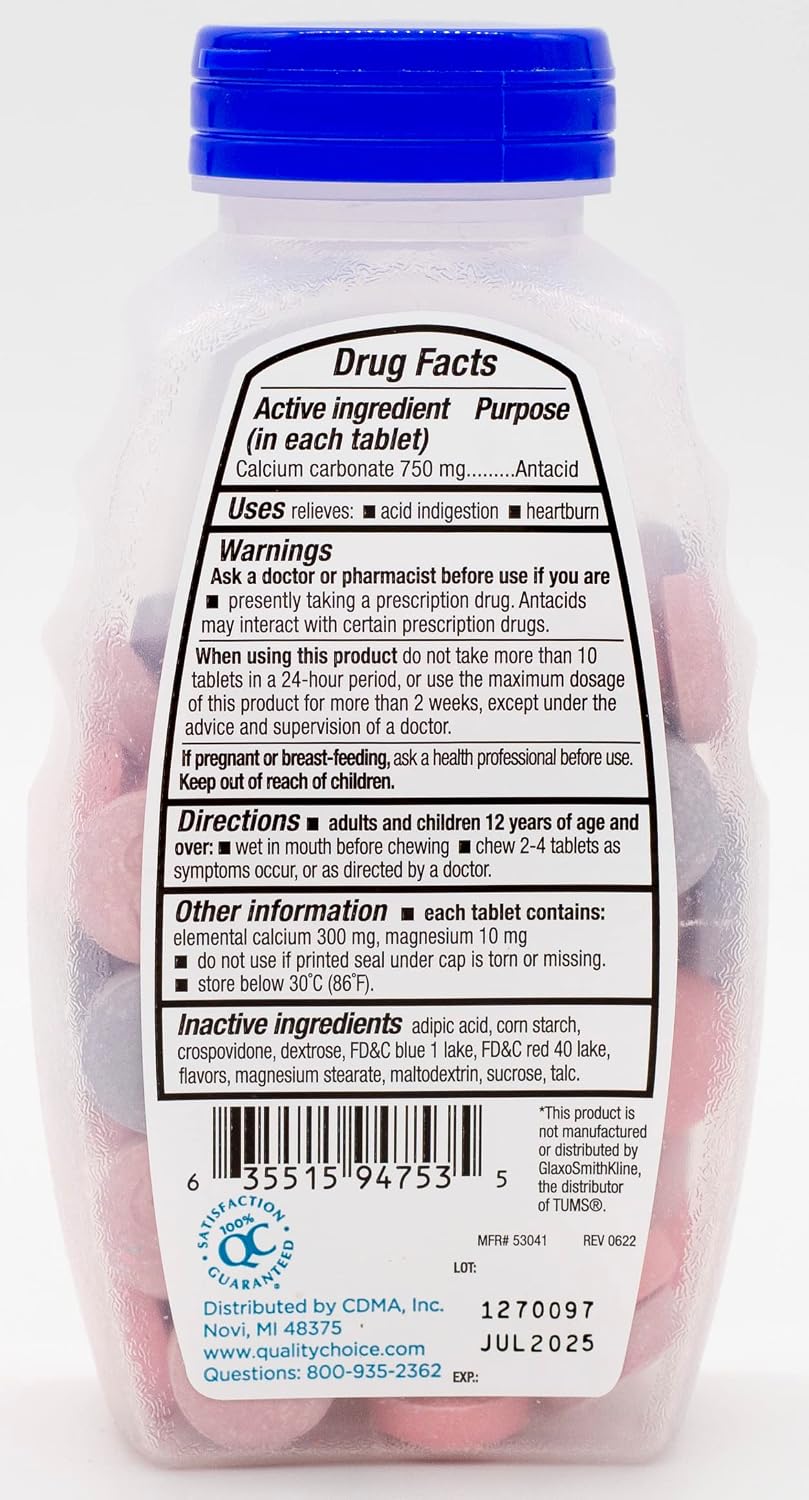 Quality Choice Antiácido Extra Strength - Carbonato Cálcico 750 mg - 96 Comprimidos Masticables Sabor Bayas (Pack de 2)